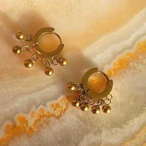 Gold Tone Multi Ball Dangle Huggie Hoop Earrings Boho Jingle Jewelry